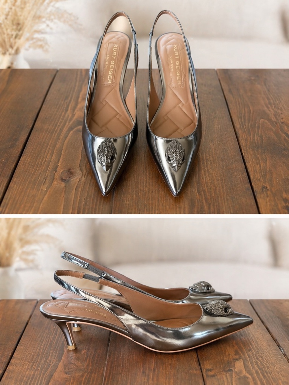 Kurt Geiger London Eagle Slingback Kitten Heels Metallic Gunmetal Pointed Toe 8
